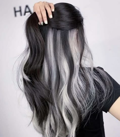 Under Hair Color, White Ombre Hair, Black And Grey Hair, Black And White Hair, Silver White Hair, Two Toned Hair, Korean Hair Color, White Hair Color, Hair Color Underneath