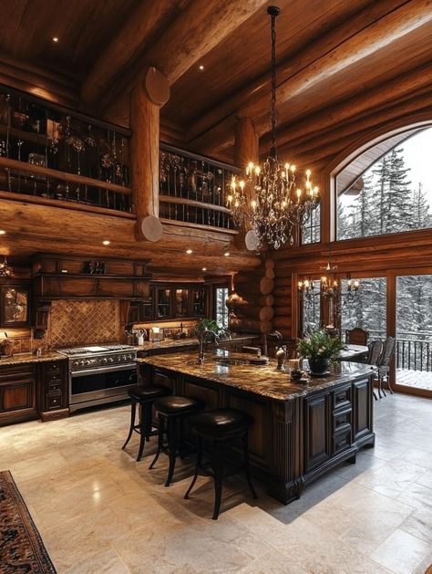 Cabin Mansion Interior, Winter Cabin Kitchen, Ski Lodge Kitchen, Cute Cabin Interior, Cabin Style Kitchen, Dream House Dining Room, Luxury Cabin Interior, Log Cabin Mansions, Household Design