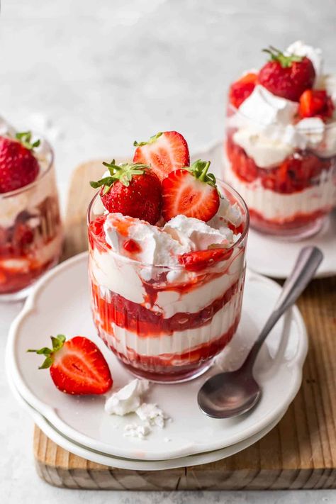 Strawberry Eton Mess | Emma Duckworth Bakes English Sweets, Seasonal Baking, British Desserts, Strawberry Mousse, Sweetened Whipped Cream, Fruit Dessert Recipes, Roasted Strawberries, Eton Mess, Dessert Simple