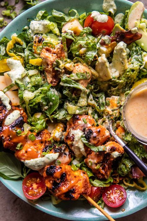 Fall Salad Half Baked Harvest, Chopped Honey Buffalo Chicken Skewer Salad, Half Baked Harvest Salad Summer, Chicken Salad Recipe Lettuce, Buffalo Chicken Kale Salad, Buffalo Ranch Salad, Chicken Skewer Salad, Chopped Buffalo Chicken Salad, Bbq Chicken Skewer Salad