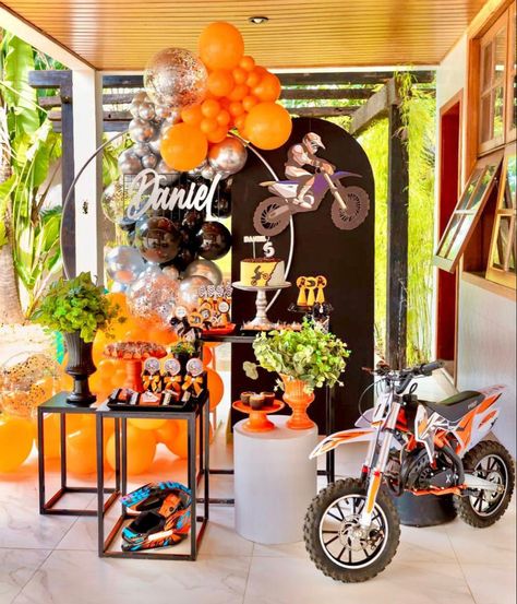 Motorcycle Birthday Party Ideas, Motor Cross Birthday Party Ideas, Ktm Birthday Party Ideas, Ktm Birthday Party, Dirt Bike Birthday Party Decorations, Motorcycle Party Ideas Kids, Motocross Birthday Party Decorations, Dirtbike Themed Birthday Party, Bike Party Ideas