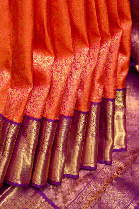 Orange Silk Saree Look, Orange Colour Pattu Saree, Orange Sarees, Saree Colours, Orange Pattu Saree, Bridal Silk Saree Kanchipuram, Peach Colour Pattu Saree, Orange Silk Saree, Orange And Violet Pattu Saree