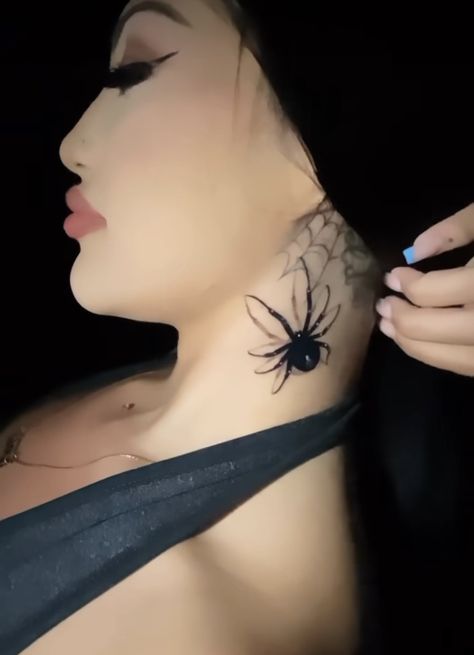 Spider Tattoo For Women Neck, Neck Tattoo Y2k, Spider On Neck Tattoo, Women’s Tattoo Ideas Neck, Spider Neck Tattoos Women, Middle Neck Tattoos Women, Middle Neck Tattoo, Neck Tats Women, Spider Neck Tattoo