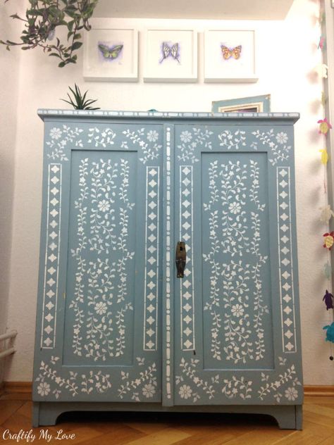 DIY Stenciled Anthropologie Dresser Knock-off | Craftify My Love Diy Ikea Wardrobe, Dresser Appliques, Wardrobe Painting, Anthropologie Dresser, Stenciled Furniture Diy, Dresser Inspo, Floral Painted Furniture, Stencil Dresser, Anthropologie Furniture