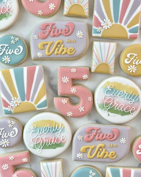 Groovy Birthday Cookies Decorated, 5 Is A Vibe Cupcakes, 5 Is A Vibe Cookies, Five Is A Vibe Birthday Party Cake, Five Is A Vibe Cookies, 5 Is A Vibe, Groovy Cookies, Birthday Surprise Kids, Vibe Party