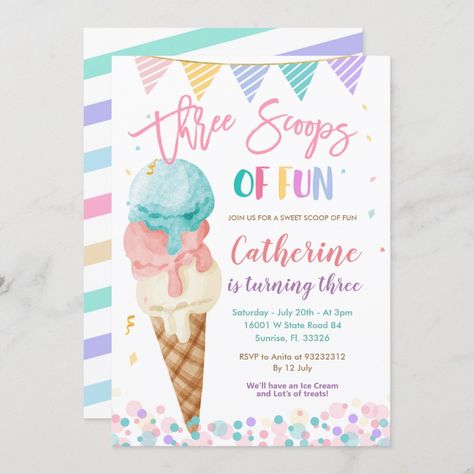 Three Scoops Of Fun, Twin Birthday Themes, 3rd Birthday Party For Girls, Ice Cream Birthday Party Theme, Summer Birthday Invitations, Cream Birthday Party, Twin Birthday Parties, Twins Baby Shower Invitations, Colorful Ice Cream