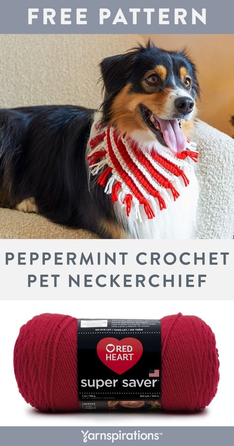 Free Peppermint Crochet Pet Neckerchief pattern using Red Heart Super Saver yarn. Your pet will look PAWSitively precious in this peppermint-inspired crochet neckerchief! Stitched on the bias and worked in the back loops to create a stunning ribbed texture with crisp color changes, this stripy accessory is a joy to crochet. Added ties and an easily customizable circumference result in a perfect fit every time! #Yarnspirations #FreeCrochetPattern #CrochetPet #RedHeartYarn #RedHeartSuperSaver Crochet Pet Accessories, Dog Scarf Crochet, Crochet Pot Holders Free Pattern, Red Heart Super Saver Yarn, Crochet Dog Clothes, Crochet Dog Sweater, Crochet Dog Patterns, Easy Crochet Patterns Free, Bandanas