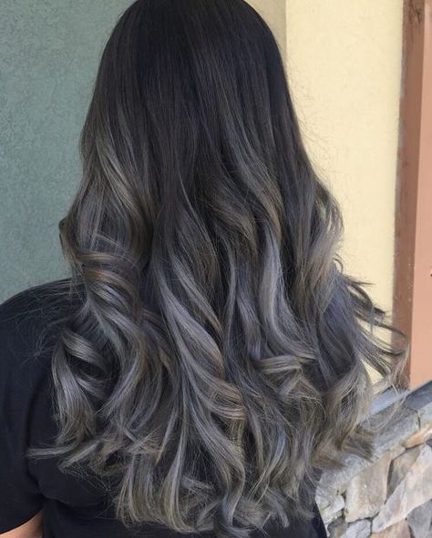 The Grey Ombre Hair Trend of 2020: 14 Hottest Examples Caramel Dark Hair, Balayage Grey, Dark Hair Highlights, Grey Balayage, Dark Brown Hair Balayage, Silver Ombre Hair, Dark Ombre Hair, Ashy Hair, Best Ombre Hair