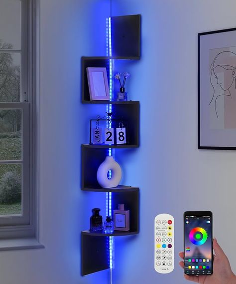 Amazon.com: Outink 5 Tiers Corner Shelf with RGB LED Lights, 49.2" Wall Mount Floating Corner Display Shelf for Living Room Bedroom Home Office Decor, APP & Remote Control (Black) : Home & Kitchen Cool Shelf Ideas Bedrooms, Black Wood Room Decor, Room Decor Men Aesthetic, Modern Male Apartment Decor, Small Room Shelf Ideas, Cool Bedroom Decor Ideas, Floating Shelf Ideas Bedroom, Cool Thing For Your Room, Dark Dopamine Decor