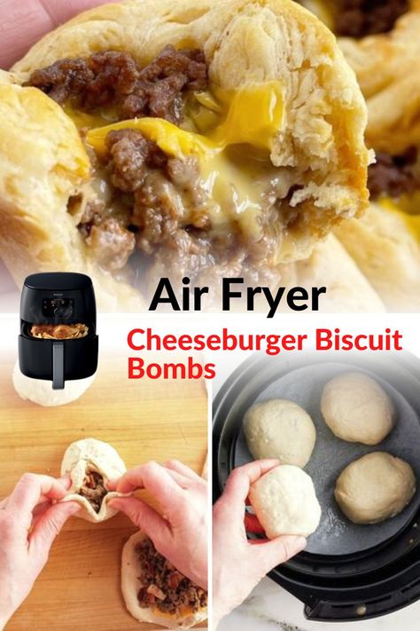 These 5-ingredient air fryer biscuit bombs have all the mouthwatering flavors of a bacon cheeseburger wrapped up in a flaky biscuit. Ground beef is seasoned with Montreal steak seasoning and combined with chopped bacon to create the perfect filling. Topped with melty Am... Filled Biscuit Recipes, Hamburger Meat Recipes Easy Air Fryer, Ground Beef In The Air Fryer, Cheeseburger In Air Fryer, Air Fryer Recipes With Biscuit Dough, Easy Meals In Air Fryer, Hamburger Meat Air Fryer Recipes, Air Fryer Recipes With Ground Beef, Air Fryer Meals With Ground Beef