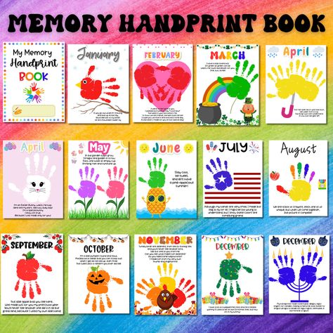 This printable Handprint Memory Book is the perfect keepsake for preschoolers, kindergarteners, and 1st graders! Kids will love completing this book!  Each month includes a cute themed poem! It comes with a cover where you can write the child's name, two versions for April (one with Easter and one without), and two versions of December (one for Christmas and one for Hannukah).  ◈ IMPORTANT NOTE  - This is digital files only therefore, no items will be physically shipped to your home. - I cannot Handprint Memory Book, Handprint Calendar, 1st Grade Crafts, Handprint Poem, Infant Classroom, Prek Classroom, Keepsake Crafts, Baby Handprint, December Holidays