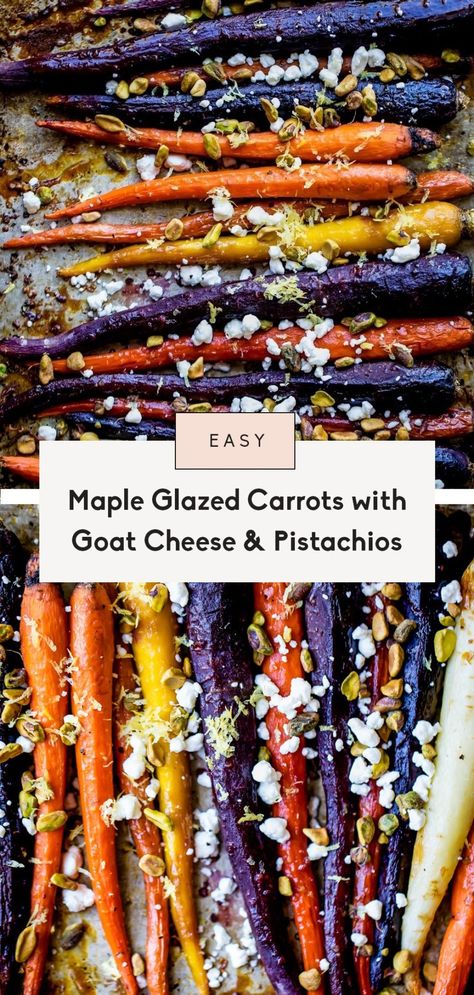 Delicious maple glazed carrots roasted topped with creamy goat cheese crumbles and crunchy pistachios. These tender maple glazed carrots make the perfect easy side dish for weeknight dinners or your holiday menu! Roasted Carrots With Goat Cheese And Pistachios, Carrots And Goat Cheese, Roasted Carrots With Goat Cheese, Carrots With Goat Cheese, Goat Cheese Crumbles, Vegetable Patties, Carrots Roasted, Easy Veggie Side Dish, Maple Glazed Carrots