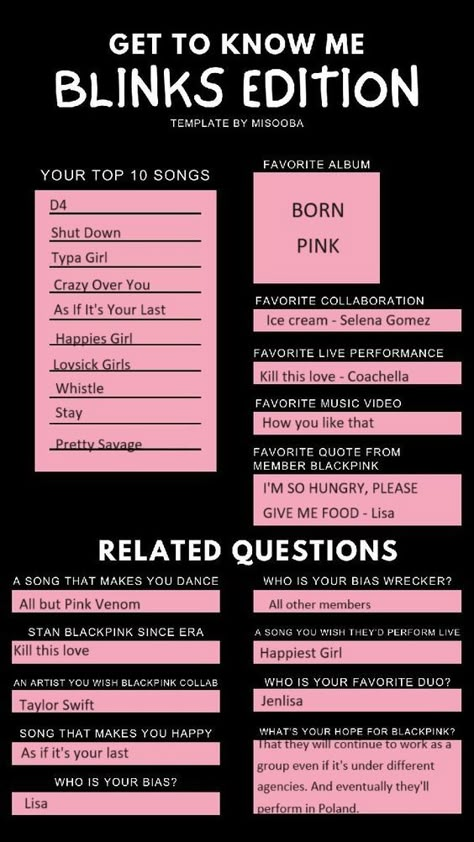 Get To Know Me Kpop Edition, Blackpink Introduction, Blackpink Quotes Wallpaper, Blackpink Journal Ideas, Blackpink Poster Aesthetic, Blackpink Diary, Blackpink Journal, Blackpink Wallpaper Aesthetic, Blackpink Drawing