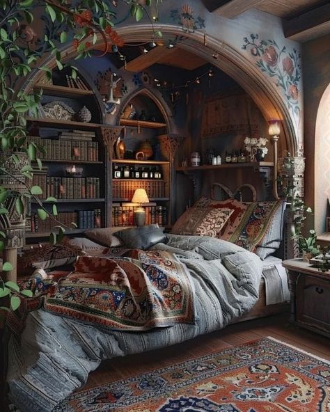 Cozy Dark Bedroom Aesthetic Vintage, Cozy Fantasy Aesthetic, Cozy Witch Aesthetic, Bedroom Back Wall Design, Bedroom Back Wall, Academia Aesthetic Bedroom, Back Wall Design, Witch Bedroom, Dark Bedroom Aesthetic