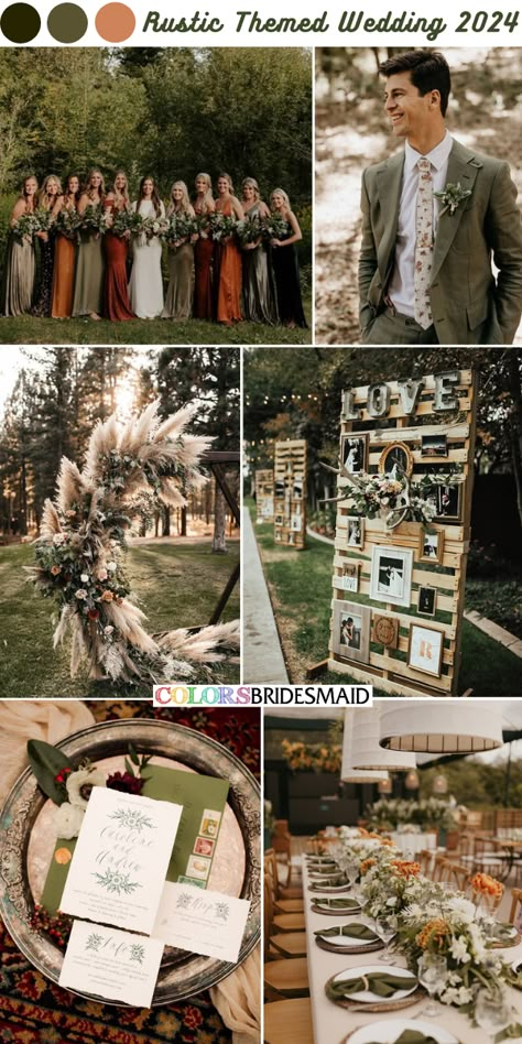 Hottest 2024 Wedding Colors and Trends for Bride-to-be - ColorsBridesmaid Rust And Green Wedding Party, Emerald Rustic Wedding, Spice Wedding Colors, Forest Green And Rust Wedding, Olive And Rust Wedding, September Wedding Colors Rustic, Fall Wedding Color Schemes September, Greenery Table Centerpieces, Burnt Orange And Sage Green Wedding