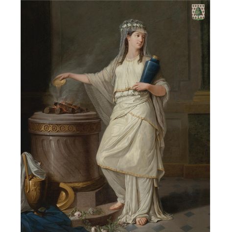 Jean François Sablet (Morgen, Vaud 1745 - Nantes 1819). Vestal virgin before a burning altar. Painted in 1781.  69 by 56 1/4 in. Vestal Virgin, Pablo Emilio Escobar, Goddess Of The Hearth, Concept Fashion, Eros And Psyche, Roman Characters, Greek Paintings, Regency Era Fashion, Era Fashion