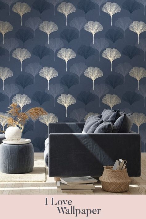 Navy and gold is such a classic colour combination that oozes elegance. Elevate your living room decor by waking up your walls with the Gingko Leaf wallpaper in navy and gold. This fanciful design will add sophistication and style to your living space. The deep blue shade provides a warm and welcoming feel to any living area in your home, especially when the light hits the metallic sheen. Style with suede, navy blue furnishings to achieve a contemporary living room.