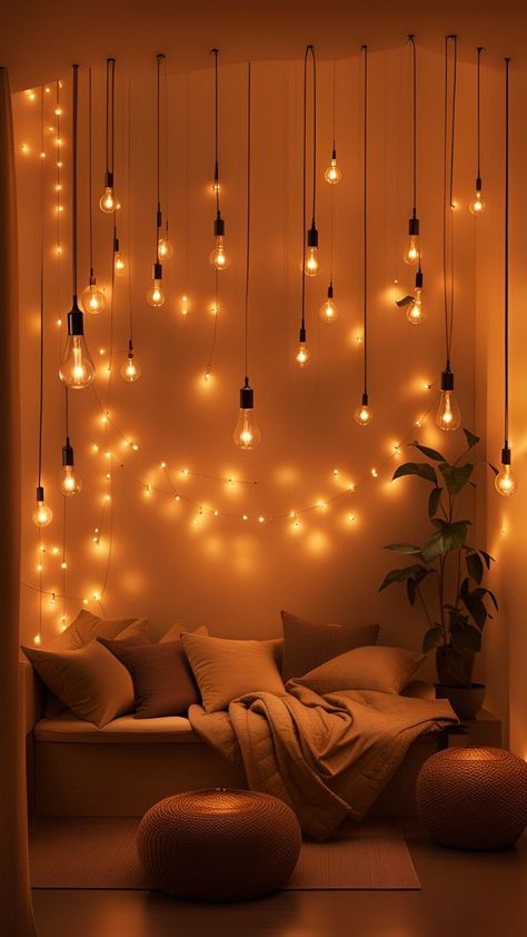 Hanging Ceiling Decor Bedroom, Cozy Fairy Lights Aesthetic, Curtain Lights Reading Nook, Cozy Lighting Living Room Night, Cozy Room Lighting, Cozy Lamps, Hanging Lights In Bedroom, Warm Lighting, Living Room String Lights