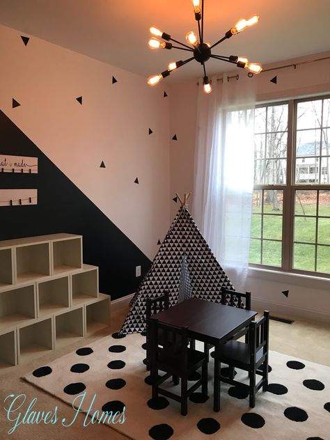 Black and white neutral playroom! #GlavesHomes #blackandwhite #playroom #kidsroom #babyroom #teepee www.glaveshomes.com GlavesHomes on Etsy! Black Playroom Walls, Black Accent Wall Playroom, Black Wall Playroom, Black White Playroom, Black Playroom, Black And White Playroom, Black And White Kids Room, White Playroom, Blue Playroom