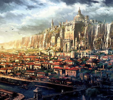 castle over city City In The Sky, Anime City, Fantasy City, Fantasy Castle, Fantasy Setting, Fantasy Places, Art Et Illustration, Landscape Scenery, City Wallpaper