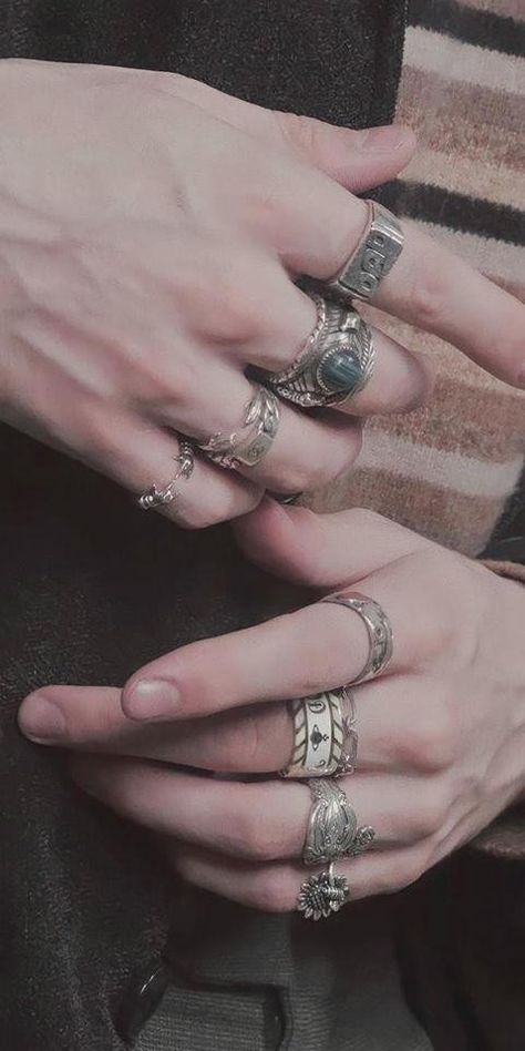 Male Hand With Rings Aesthetic, Alt Rings Aesthetic Men, Male Hand With Rings, Masculine Hands With Rings, Masculine Rings Aesthetic, Aesthetic Mens Rings, Masc Hands With Rings, Men Assesories Aesthetic, Multiple Rings On Hand Men