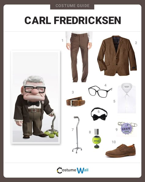 Senior Citizen and protagonist in the Disney movie Up, Carl Fredricksen is a lovable grouch and a worthy cosplay choice. Disfraz Up, Carl Costume, Disney Cosplay Ideas, Movie Character Outfits, Disney Movie Up, Carl Fredricksen, Disney Characters Costumes