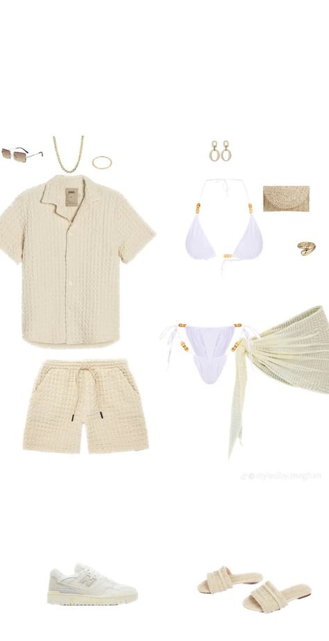 Couple Beach Wear, Matching Outfits For Couples Beach, Beachy Couple Outfits, Couples Coordinating Outfits Vacation, His And Her Vacation Outfits, Couple Outfit Vacation, Matching Cruise Outfits For Couples, Summer Matching Outfits For Couples, Couple Coordinating Outfits Summer