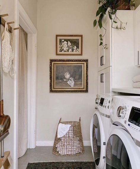 Laundry Room Off Of Kitchen, Styling A Laundry Room, Tile Walls Laundry Room, Boho Laundry Room Door, Powder Room In Laundry Room, Gallery Laundry Room, Laundry Room Facelift, Bungalow Laundry Room, Laundry Room With Mirror