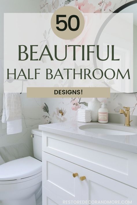 Dive into a collection of 50+ half bathroom designs that prove small spaces can be big on style. Whether you’re looking for decor inspiration or the perfect wallpaper, these ideas have you covered. Powder Room Wallpaper White Vanity, Modern Cottage Half Bath, Spa Half Bath, Wallpapered Powder Bath, Half Bath With Closet, Pretty Half Bathroom, Joanna Gaines Powder Room, Small Powder Bathroom Wallpaper, Half A Bathroom Ideas