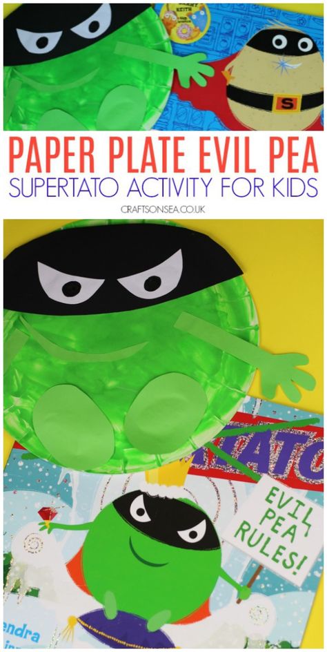 Supertato Activities for Kids: Paper Plate Evil Pea Craft #kidscrafts #preschool Superpotato Activities, Superhero Eyfs Activities, Superhero Activities Eyfs, Supertato Eyfs Activities, Supertato Crafts, Supertato Activities, Supertato Eyfs, Superheroes Eyfs, Holiday Games For Kids