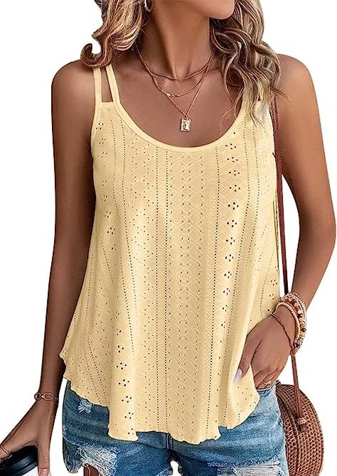 Women’s Tank Tops Eyelet Embroidery Sleeveless Spaghetti Strap Tops Scoop Neck Sexy Loose Fit Casual Summer Flowy Cami Casual Shirt Women, Jeans Cargo, Spaghetti Strap Tank Top, Scoop Neck Tank Top, Maxi Robes, Bottoming Shirt, White Eyelet, Yoga Shorts, Edgy Look