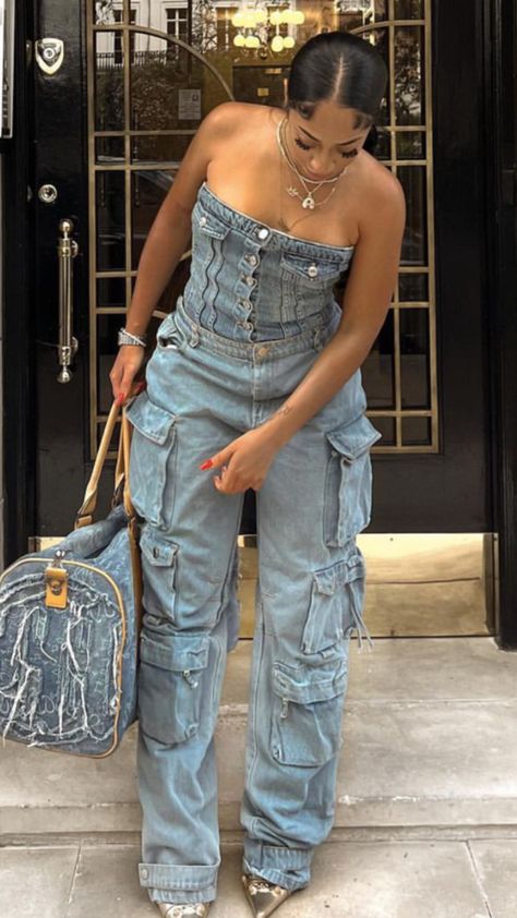 Full Jeans Outfit, Full Denim Outfit, Blue Denim Outfits, Denim Party Outfit, Cargopants Streetwear, All Denim Outfits, Denim Party, 2piece Outfits, African Inspired Clothing