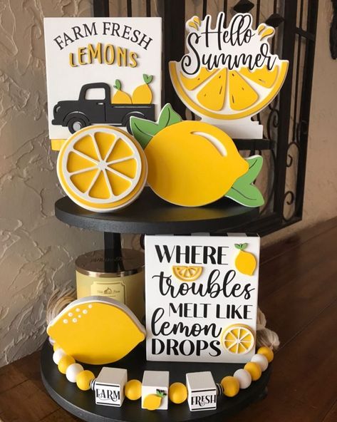 Lemon Tiered Tray Decor, Lemon Crafts, Summertime Crafts, Lemon Kitchen Decor, Lemon Drops, Lemon Kitchen, Summer Party Decorations, Hand Painted Wood Sign, Lemon Decor