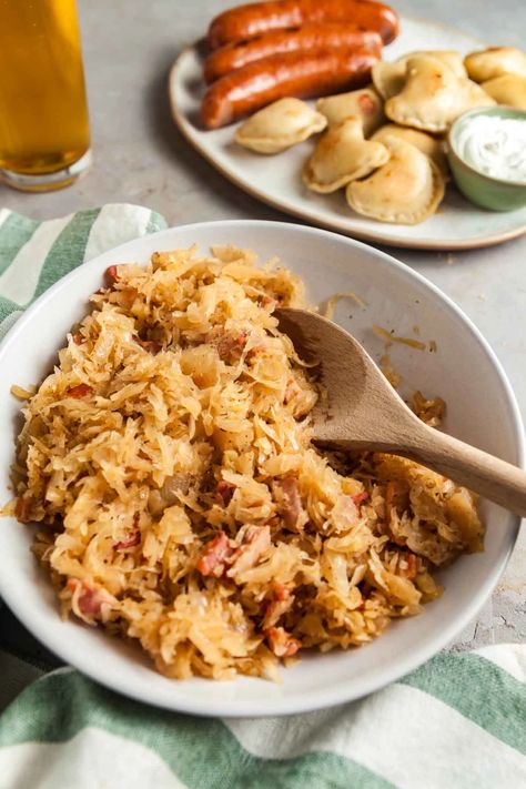 Easy Kapusta (Polish Braised Sauerkraut With Bacon) Kapusta Recipe Polish, Sourkrout Recipes, Soup Whole 30, Kapusta Recipe, Roasted Vegetable Soup, Chicken Cauliflower, Sauerkraut Recipes, Ethnic Food, Favorite Side Dish