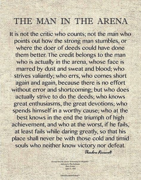 The Man In The Arena, Man In The Arena, Theodore Roosevelt Quotes, Mlk Quotes, Roosevelt Quotes, Poems About Life, Inspirational Poems, Motivational Quote Posters, Theodore Roosevelt