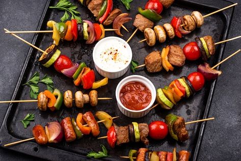 Grilled kebabs with meat, mushrooms and ... | Premium Photo #Freepik #photo #barbeque #barbeque-grill #bbq-grill #satay Photo Grill, Mushroom Vegetable, Kebabs On The Grill, Meat Markets, Bar B Q, Work Project, Fb Cover, Kebabs, Sapporo