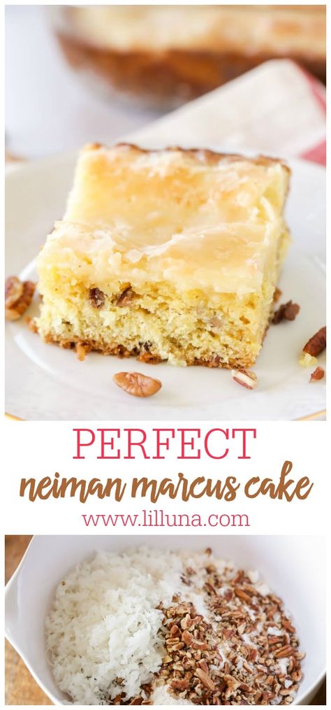 A delicious and rich cake with a flavorful crust and creamy batter on top that is butter-y and addicting! The perfect dessert for any occasion. #neimanmarcuscake #neimanmarcuscakerecipe #cakerecipe #neimanmarcus #cake Neiman Marcus Cake, Boxed Cake Mixes Recipes, Cake Mix Desserts, Lil Luna, Rich Cake, Nieman Marcus, Lemon Squares, Easy Chocolate Cake, Sunday Recipes