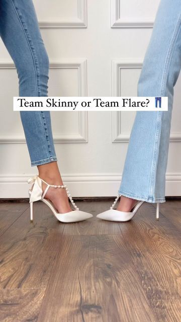 The Prettiest 12-Hour Shoes on Instagram: "Jeans showdown: Skinny vs. Flare – Which side are you on? 👖💥  Are you keeping it sleek and ‘Skinny’ or vibing with the ‘Flare’? 🌟 Comment below with your jean jam! ✨ . . . . #bellabelleshoes #bridalshoes #skinnyjean #skinnyjeans #flarejeans #flarejeansoutfit #bellbottoms #thisorthat #jeans #denim #jean #skinnyjeansoutfit #flarejean #dennimjeans #highheels #heels #stiletto" Denim Trends 2023, Bottoms Outfit Ideas, Trendy Flare Jeans, Flare Pants Casual, 2023 Jeans, Bottoms Outfit, Street Style Jeans, Flare Jeans Outfit, Jeans Trendy