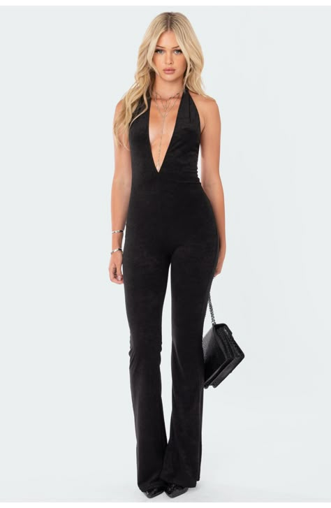 Make a striking impression in this plunge-neck jumpsuit crafted from rich velvet with an open back and wide hems. Plunge neck Halter neck Polyester/spandex Machine wash, tumble dry Imported 60s Inspired Outfits, Disco Jumpsuit, Open Back Jumpsuit, Fitted Romper, Halter Neck Jumpsuit, Velvet Jumpsuit, Backless Jumpsuit, Jumpsuit Outfit, Jumpsuit Pattern