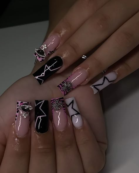 Black And Baby Pink Nails, Unusual Nail Designs, Practice Nails, Winter Nail Art Designs, Long Acrylic Nail Designs, Hard Nails, Colored Acrylic Nails, Girly Acrylic Nails, Cute Acrylic Nail Designs