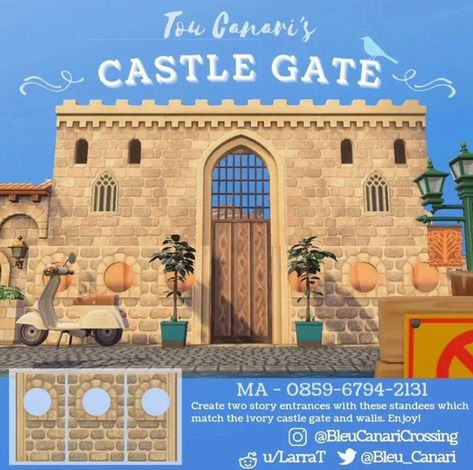 Acnh Castle, French Coastal, Castle Gate, Island 2, Castle Wall, Entrance Design, Greece Islands, New Animal Crossing, Animal Crossing Qr