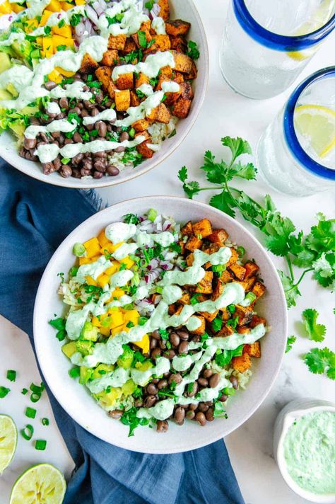 Vegan Taco Bowls with Creamy Cilantro Lime Sauce - Eating by Elaine Vegan Black Bean Recipes, Creamy Cilantro Lime Sauce, Creamy Cilantro Sauce, Healthy Burrito, Black Bean Dip Recipe, Healthy Burrito Bowl, Bean Dip Recipes, Black Bean Dip, Vegan Taco