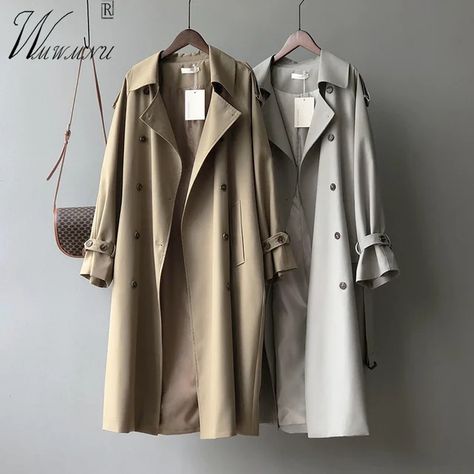 With Belt Long Trench Coats Women Big Size 80kg Korean Double Breasted Windbreaker Jackets Khaki Gabardinas Spring Fall Abrigos - AliExpress 200000345 Oversized Korean Fashion, Casual Coats For Women, Trench Coats Women Long, Khaki Trench, Khaki Trench Coat, Spring Suit, Coats Women, Womens Windbreaker, Large Clothes