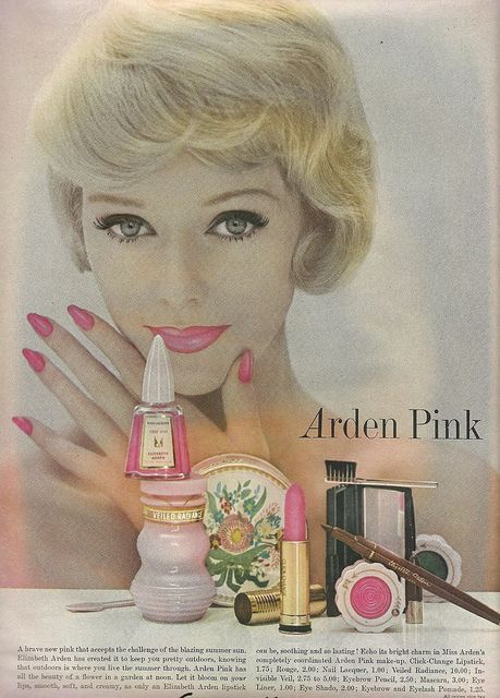 Beautiful 1959 ad for Arden Pink beauty products. #vintage #1950s #makeup #cosmetics #ads Lipstick Ad, Vintage Makeup Ads, Wallis Simpson, Makeup Ads, Audrey Tautou, E.l.f. Cosmetics, Retro Makeup, The Cardigans, Vintage Nails