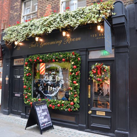 Ted's Christmas shop front Soho store, Berwick Street Barber Shop Store Front Ideas, Storefront Holiday Decor, Barbershop Christmas Decor, Barber Shop Christmas Decor, Barbershop Exterior Store Fronts, Salon Christmas Decor, Christmas Barbershop, Barber Shop Window, Salon Window