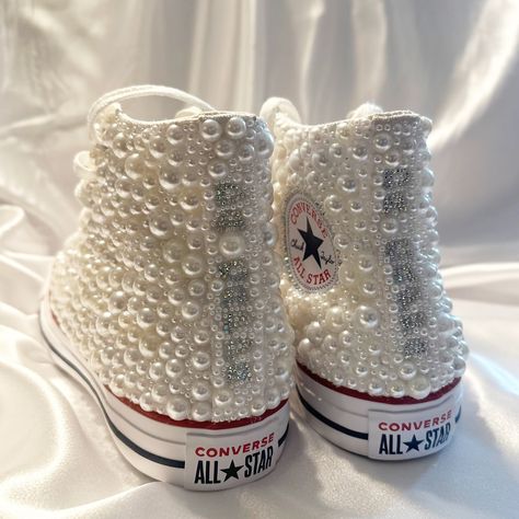 ✨ Ready to shine in every step with these custom pearl-studded Converse! ✨ Who says you can’t add a touch of glam to a classic? These Converse are covered in pearls and crystals, giving you the ultimate blend of edgy and elegant. Perfect for standing out from the crowd! 🌟 Want your own custom pair? Send us a message to make your style dreams come true! 🖤 #CustomConverse #BlingSneakers #PearlStudded #StandOutShoes #HandcraftedStyle #FashionWithFlair #UniqueFootwear #StyleStatement Studded Converse, Standing Out From The Crowd, Converse Star, Custom Converse, All Stars Converse, Dreams Come True, Converse All Star, To Shine, All Star