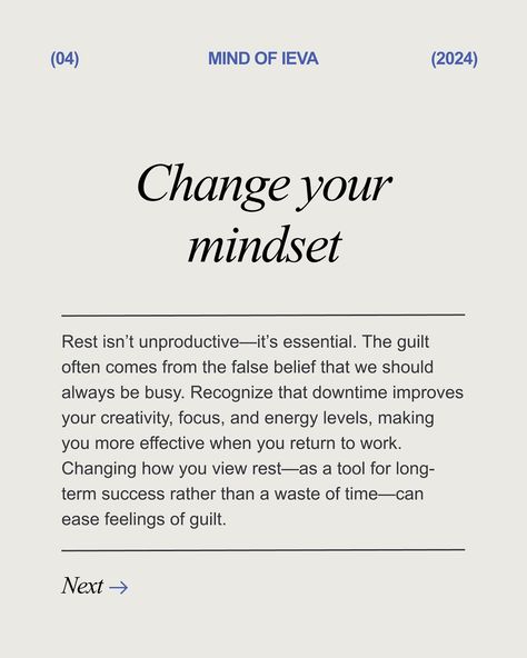 How to Overcome Work Guilt ⬇️ Do you struggle to fully disconnect from work? If you’re constantly thinking about your to-do list or feeling guilty about taking time off, this post will show you how to break that cycle. Stop putting so much pressure on yourself, and set clear boundaries for when you’re working, or studying, and when it’s time to relax. Swipe 👉🏻 to read how to achieve this. It’s easier than you think! As you gradually incorporate these practices, you’ll find it easier to ... How To Overcome Guilt, Overcome Guilt, Clear Boundaries, Feeling Guilty, Time To Relax, Change Your Mindset, Return To Work, Relax Time, Energy Level