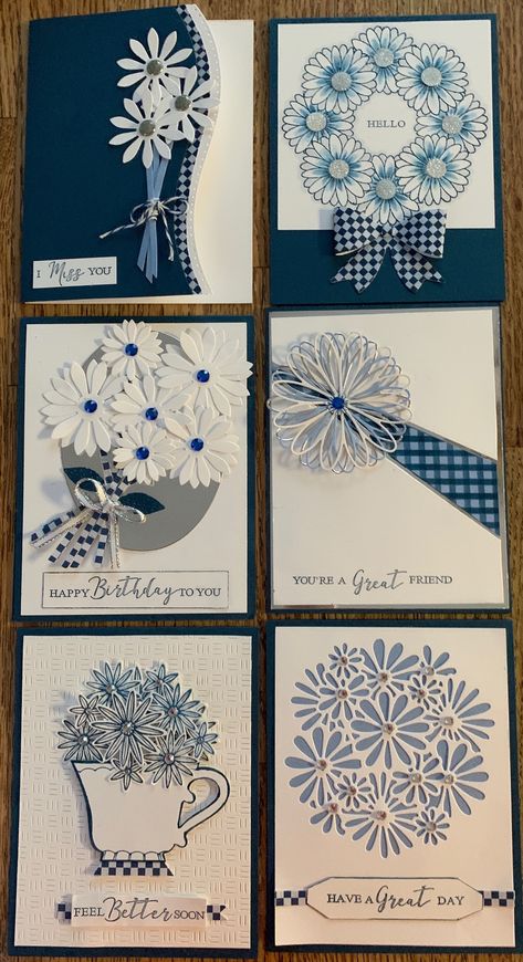 Set of 6 daisy cards for PEO meeting. Used Stampin Up Midnight Muse cardstock, Dapper Denim in, and a variety of daisy stamps, dies, and punches. All six cards are blue & silver, with some insert of blue check in each, to match the box. Daisy Cards, Denim And Diamonds, Handmade Card Making, Blue Check, Flower Cards, Simple Cards, Check In, Homemade Cards, Card Set