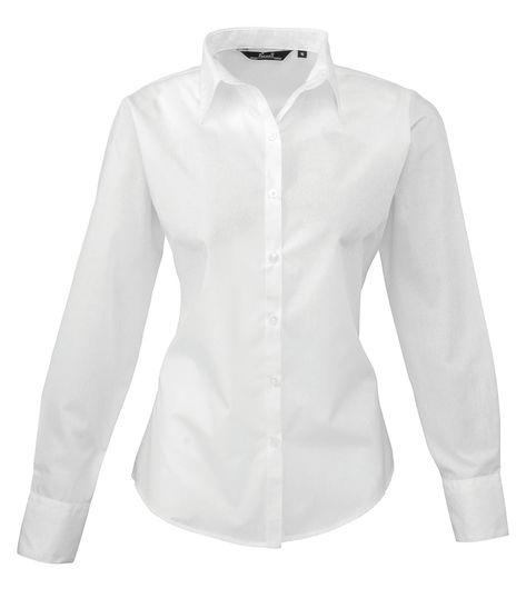 Women's easycare long sleeve blouse. Soft collar styling. Rounded bottom hem. Fitted styling with bust and back darts. Pearlised buttons on white shirt, self colour buttons on black. Double buttons on cuff. WRAP certified. BSCI certified. Reach certified. SEDEX certified. Poplin Blouse, Plain Blouse, Work Shirts, Long Blouse, White Blouse, Striped Blouse, Karl Lagerfeld, White Shirt, Fitness Fashion