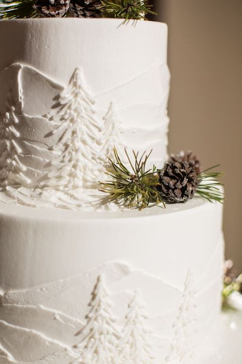 Love the pine cones and tree frosting details to accent this winter wedding cake! Winter Wedding Cake, Winter Wedding Decorations, December Wedding, Wedding Cake Decorations, Winter Wedding Ideas, Winter Wedding Inspiration, White Wedding Cake, Winter Wonderland Wedding, Wedding Winter